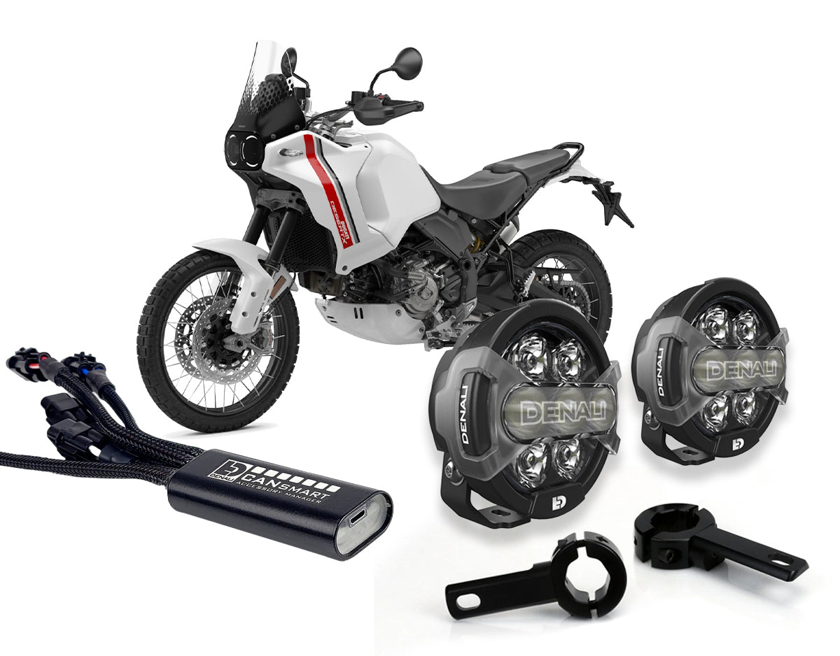 Kit DENALI DNL22KIT002C con faretti D7 PRO, collari paramotore e centralina per Ducati DesertX