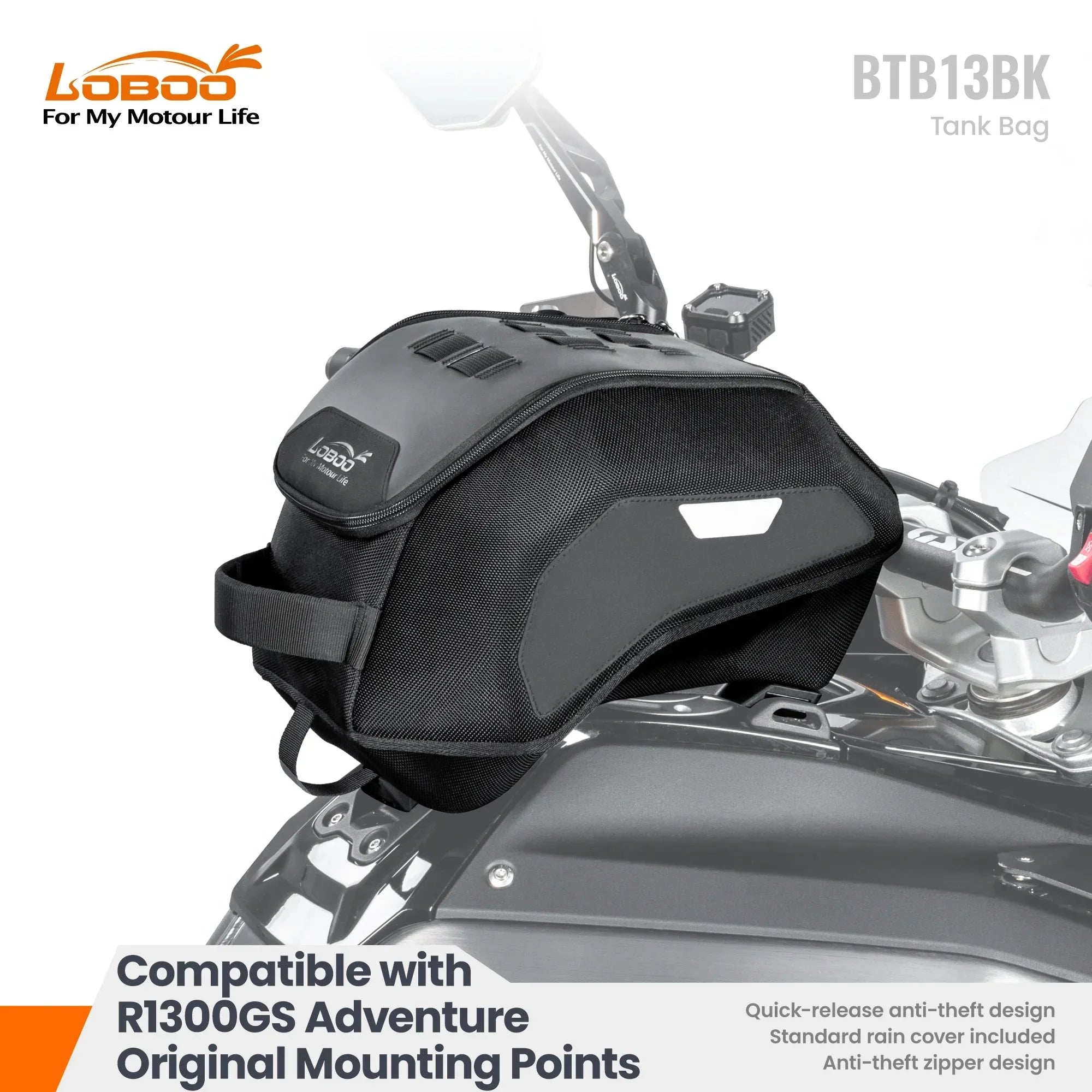 LOBOO BTB13BK agganciata ai punti di montaggio originali della R1300GS Adventure