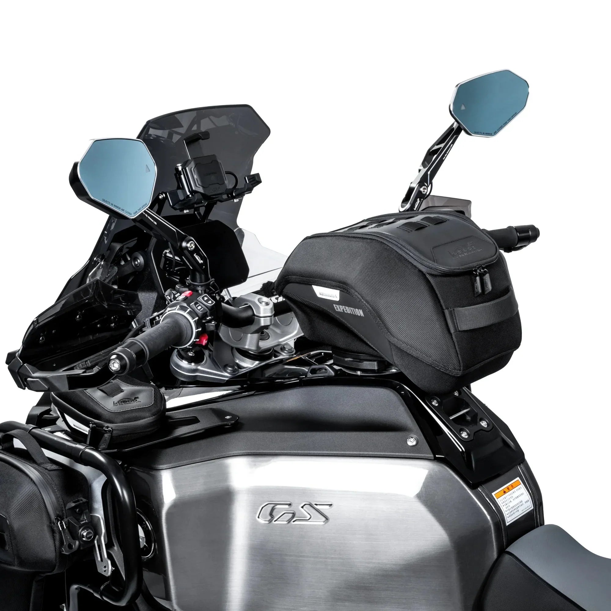 LOBOO BTB20BK sul serbatoio di una BMW GS vista frontale, manubrio libero