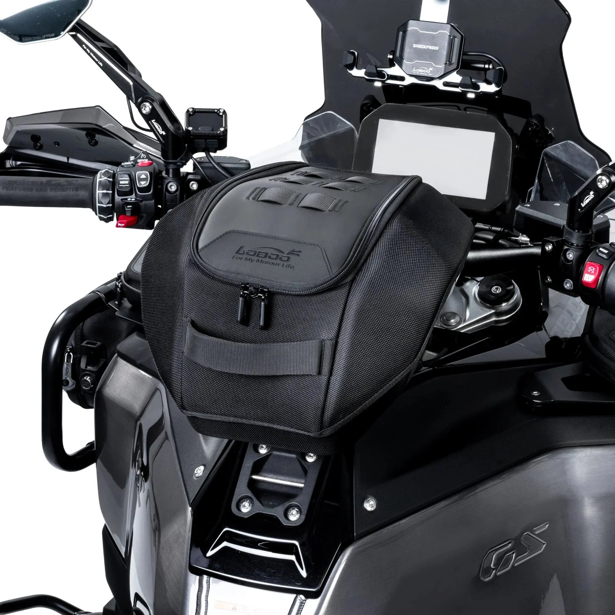 Borsa serbatoio LOBOO BTB20BK montata su BMW GS, vista dalla posizione di guida