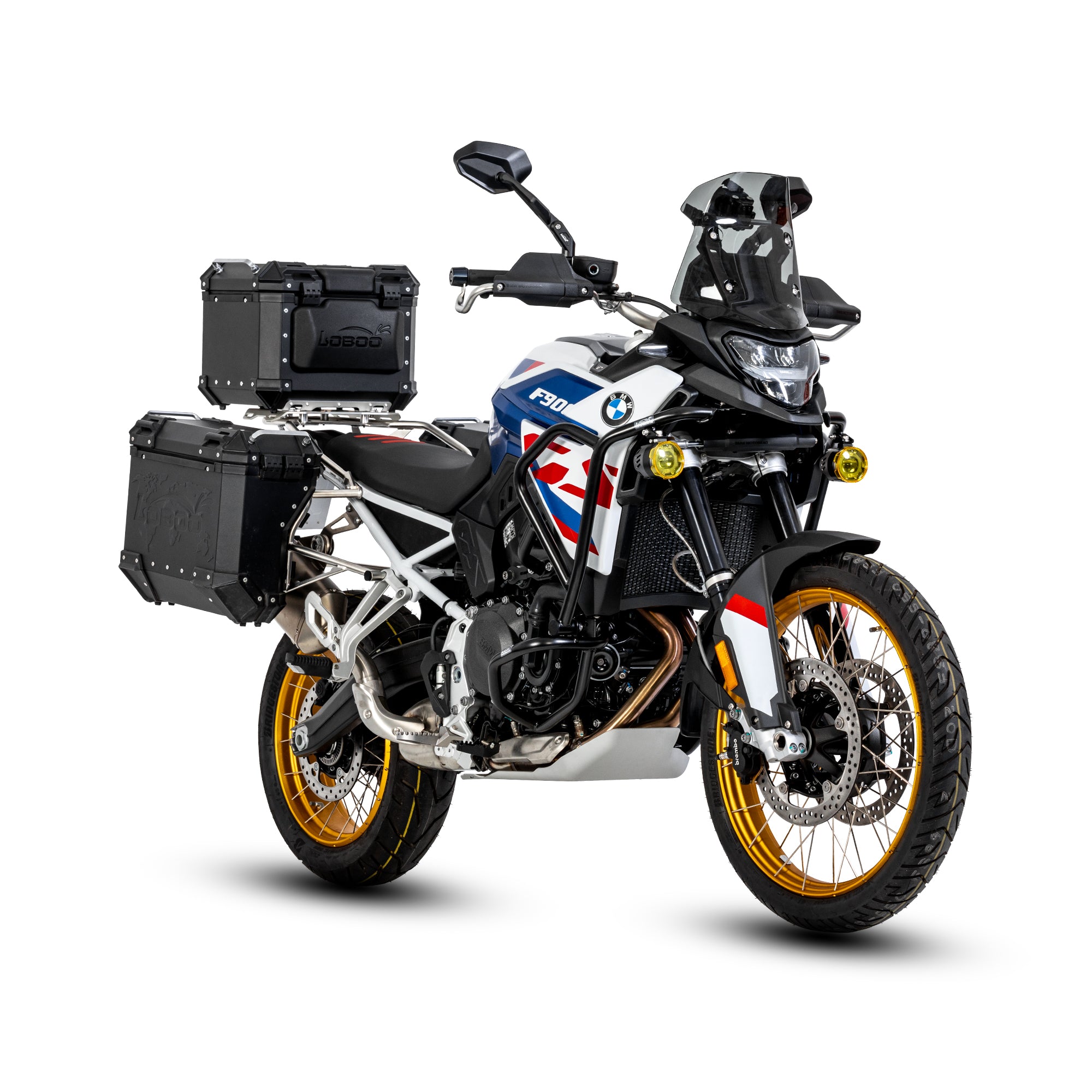 Crash bar LOBOO CHG025 nero montato su BMW F900GS, vista tre quarti anteriore destra con valigie