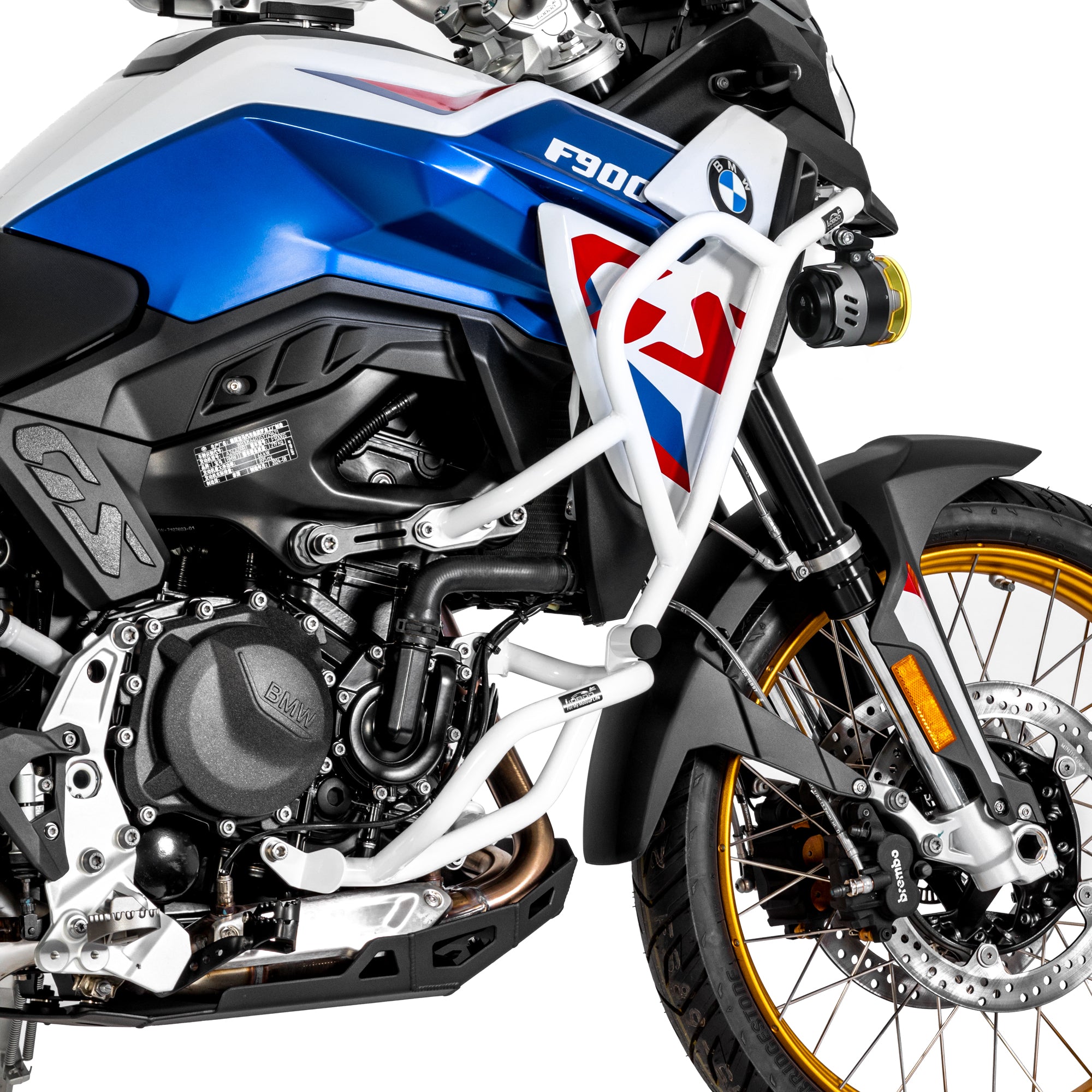 Dettaglio della barra serbatoio e della barra motore LOBOO CHG025 bianche sul lato sinistro della F900GS