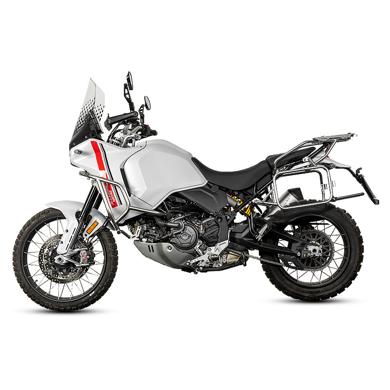 Ducati DesertX con crash bar LOBOO CHG581 argento montato, vista laterale sinistra