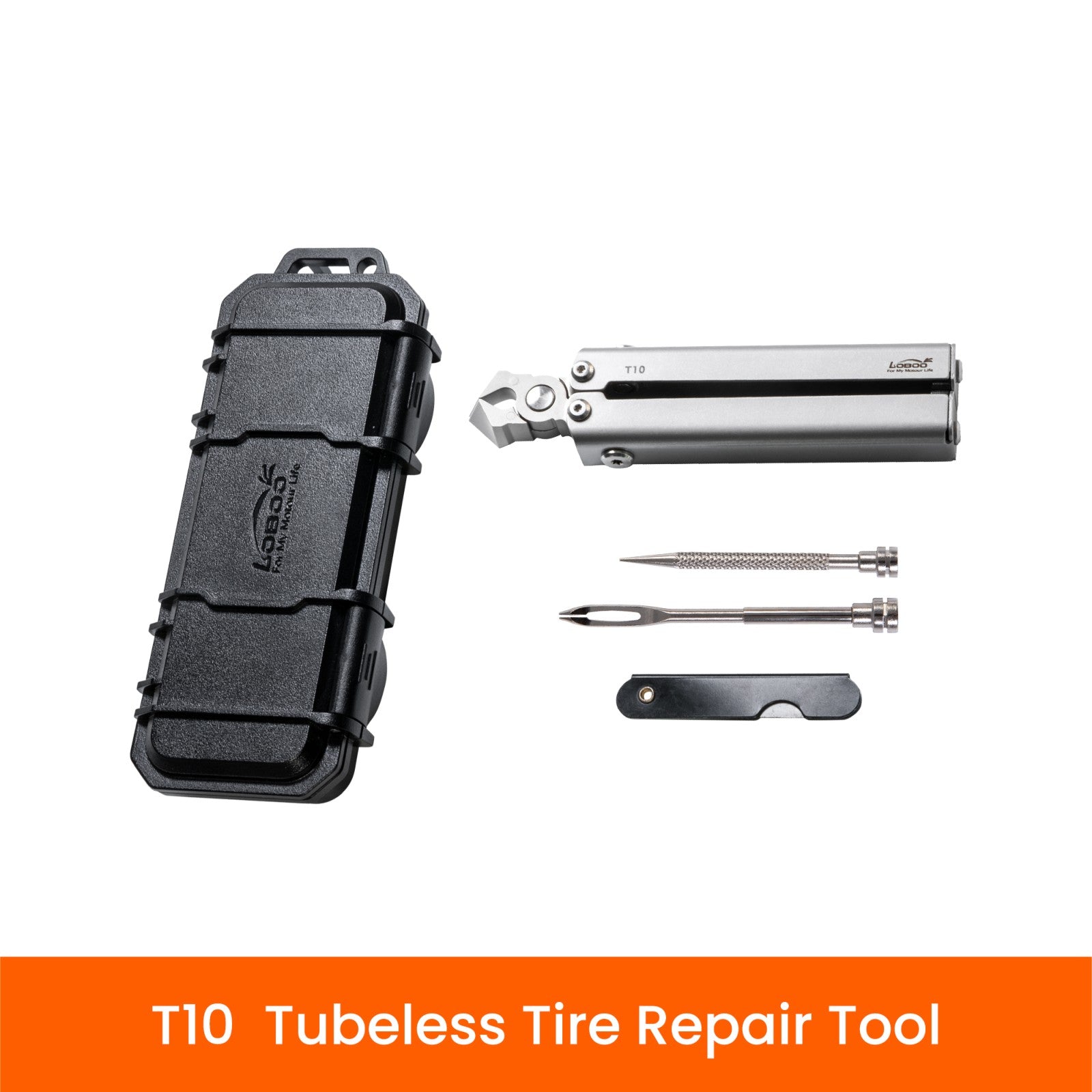 Contenuto completo del kit T10: custodia, pinza, due aghi e lama da taglio