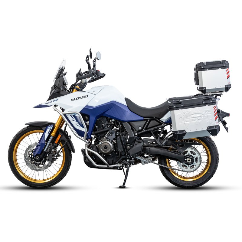 Suzuki V-Strom 800DE con crash bar LOBOO CHG421 e valigie laterali, vista laterale