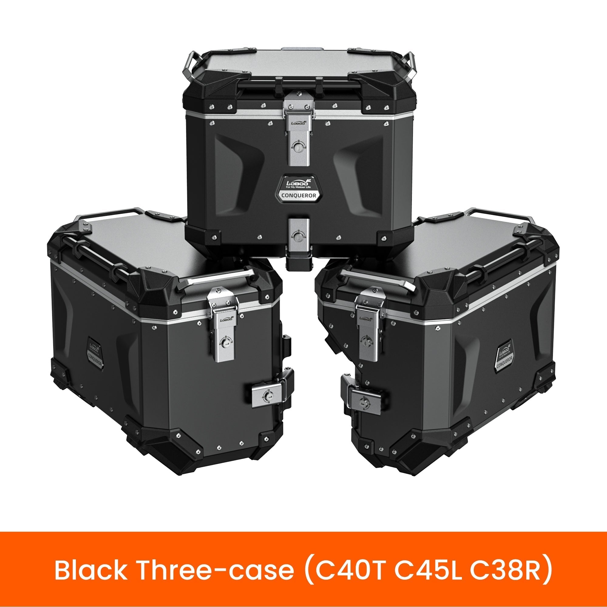 Set tre valigie LOBOO CONQUEROR nero con laterali asimmetriche C45L e C38R e bauletto C40T