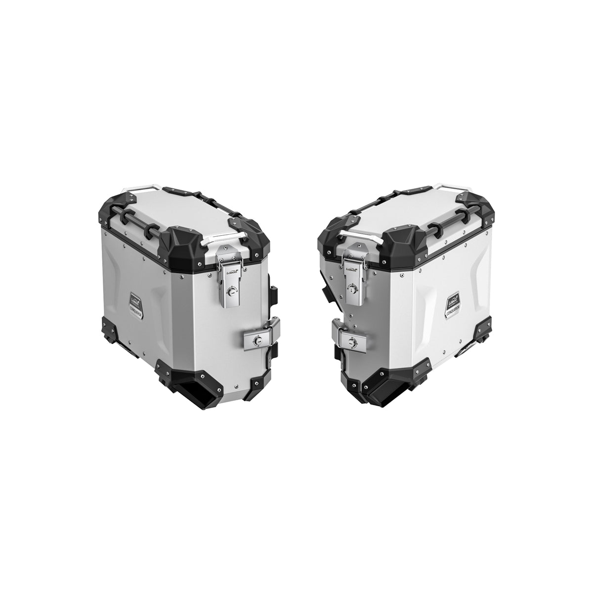 Maletas laterales de aluminio para moto de 30, 35, 38 y 45 L | desmontaje rápido en nueve puntos, cerradura con llave — CONQUEROR