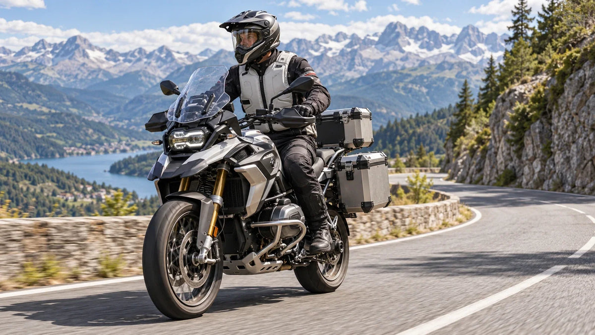 Motociclista in sella a una maxi enduro con valigie e gilet airbag su una strada di montagna