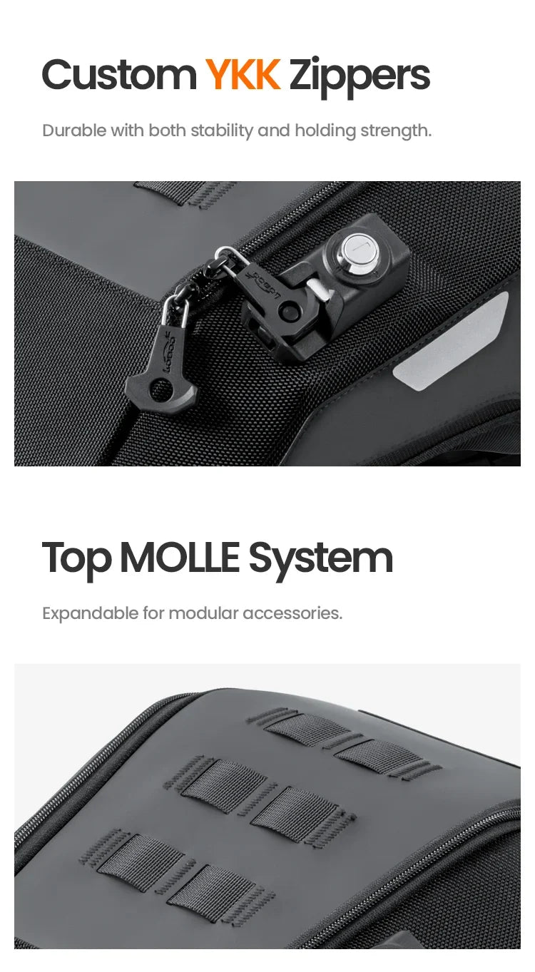 Cremallera YKK y sistema MOLLE en la parte posterior