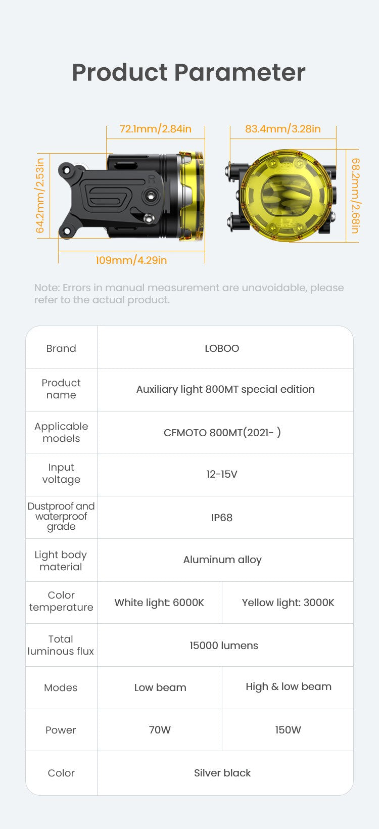 Scheda tecnica del faro ausiliario LOBOO L7 per CFMOTO 800MT
