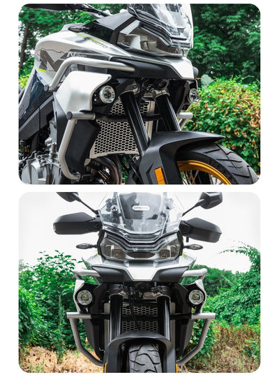 CFMOTO 800MT con i fari ausiliari LOBOO L7 installati, vista frontale
