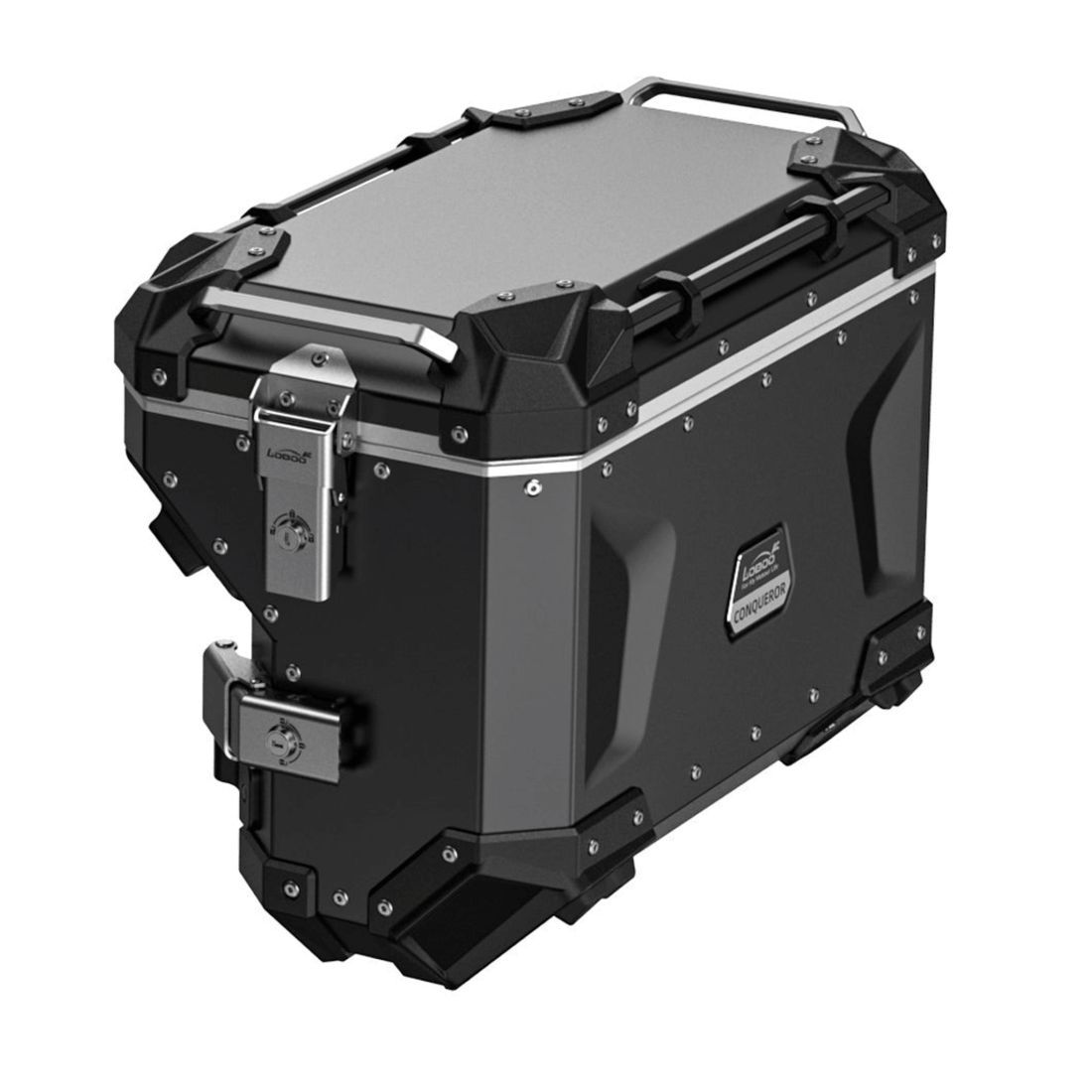Valigia laterale destra LOBOO CONQUEROR C38R da 38 litri in alluminio nero, profilo stretto attorno allo scarico