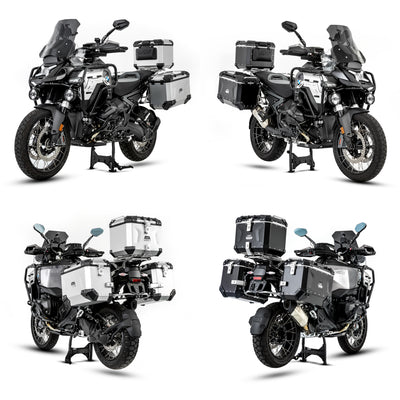 BMW R 1300 GS equipaggiata con il set completo di valigie LOBOO CONQUEROR, quattro viste a confronto in argento e nero