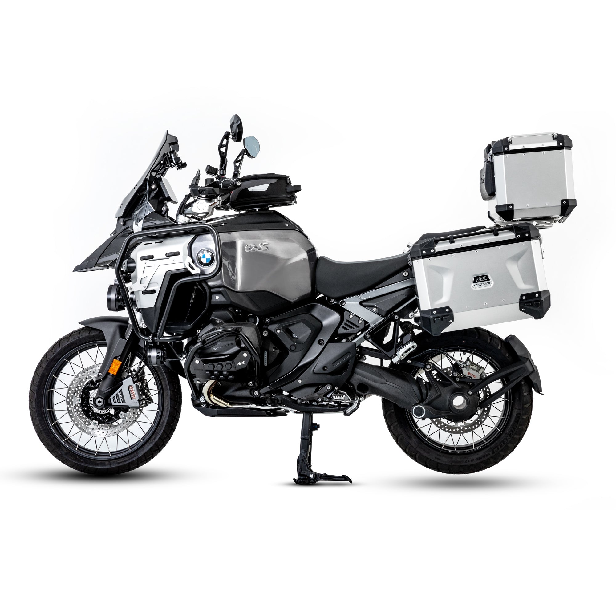 BMW R 1300 GS con valigie laterali e bauletto LOBOO CONQUEROR in alluminio argento, vista laterale sinistra