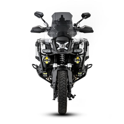 BMW R 1300 GS con sistema valigie LOBOO CONQUEROR vista frontale: ingombro laterale contenuto