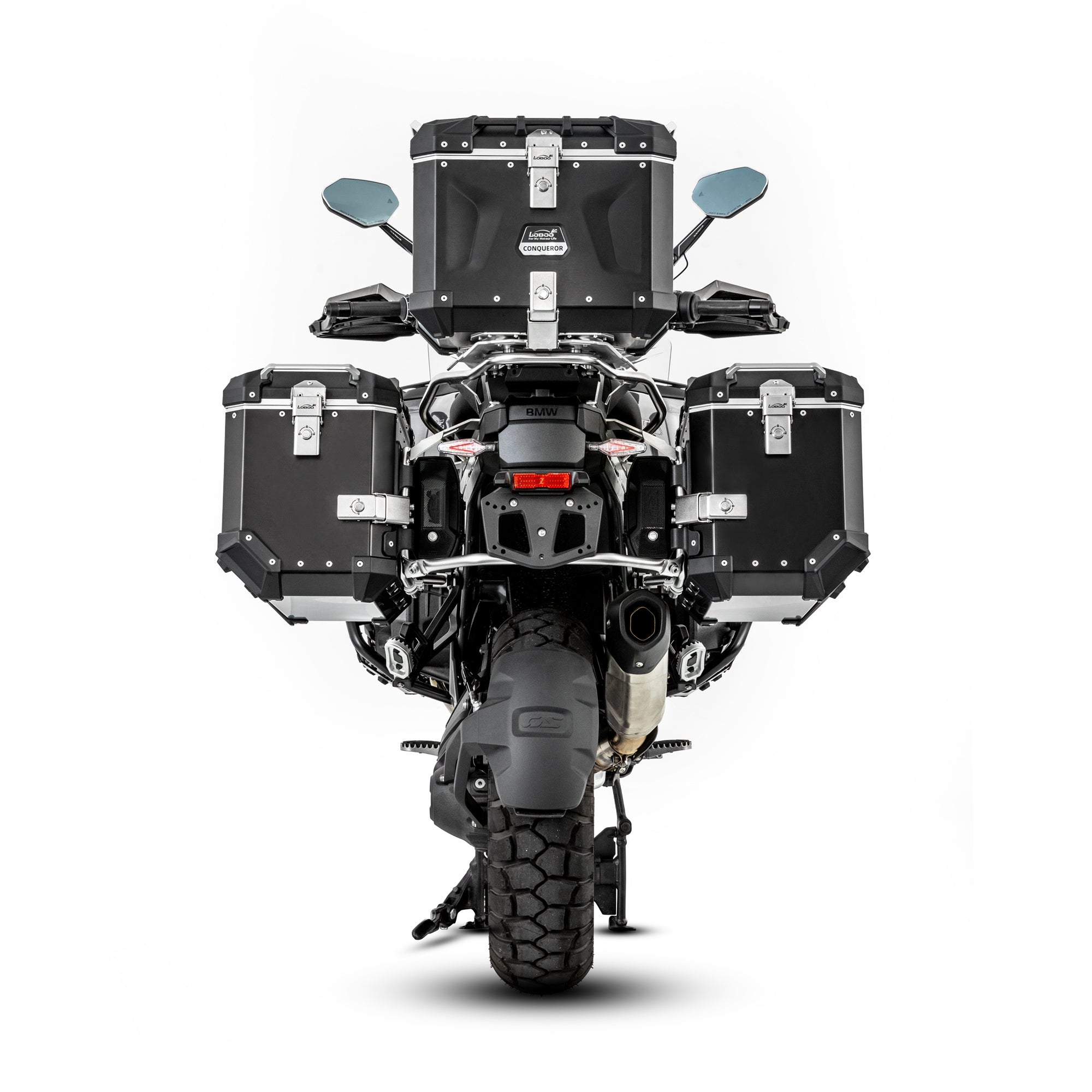 BMW R 1300 GS vista posteriore con valigie laterali e bauletto LOBOO CONQUEROR montati sui telai
