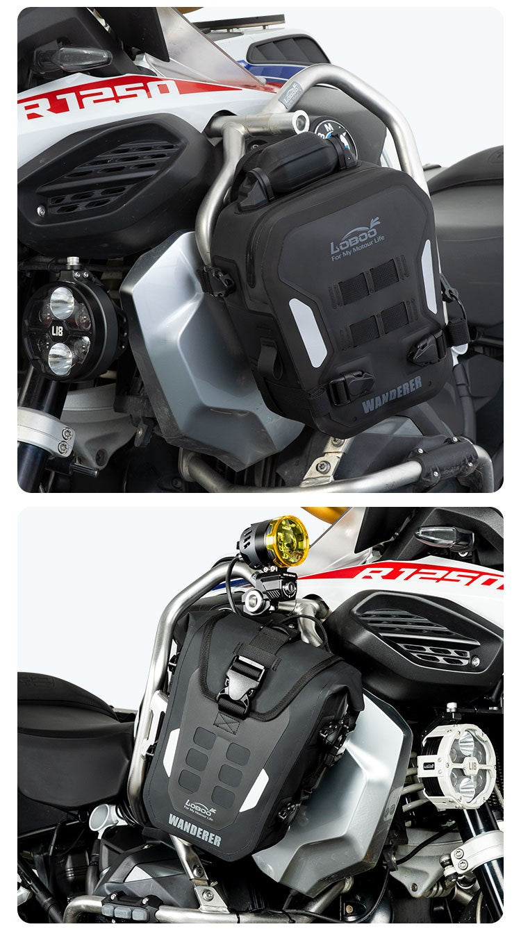 Bolsas LOBOO Wanderer inflable y roll-top montadas en las barras de protección de una BMW R 1250 GS, vistas desde tres cuartos delanteros