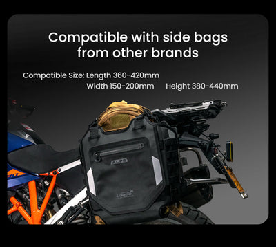 Il supporto LOBOO Alps accetta borse laterali di altri marchi da 360-420 x 150-200 x 380-440 mm