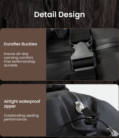 Dettagli costruttivi della borsa LOBOO Alps: fibbie Duraflex e zip stagna a tenuta d'aria