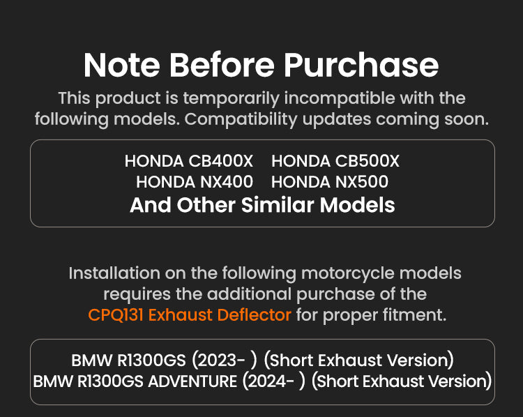 Modelli Honda non compatibili e BMW R 1300 GS che richiedono il deflettore CPQ131