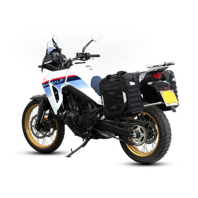 Honda XL750 Transalp con borse laterali LOBOO Alps, vista tre quarti posteriore