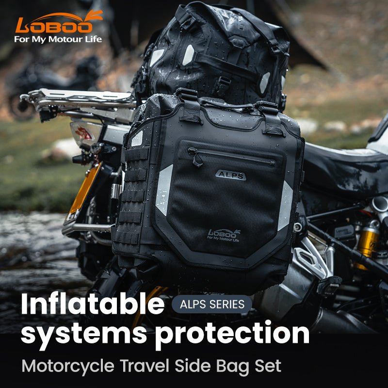 Borsa LOBOO Alps montata su moto adventure sotto la pioggia, gocce sul tessuto TPU