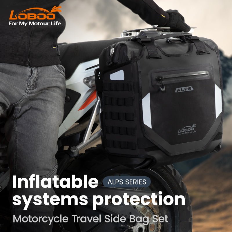 Borsa laterale LOBOO Alps installata sul telaio di una moto adventure, vista laterale