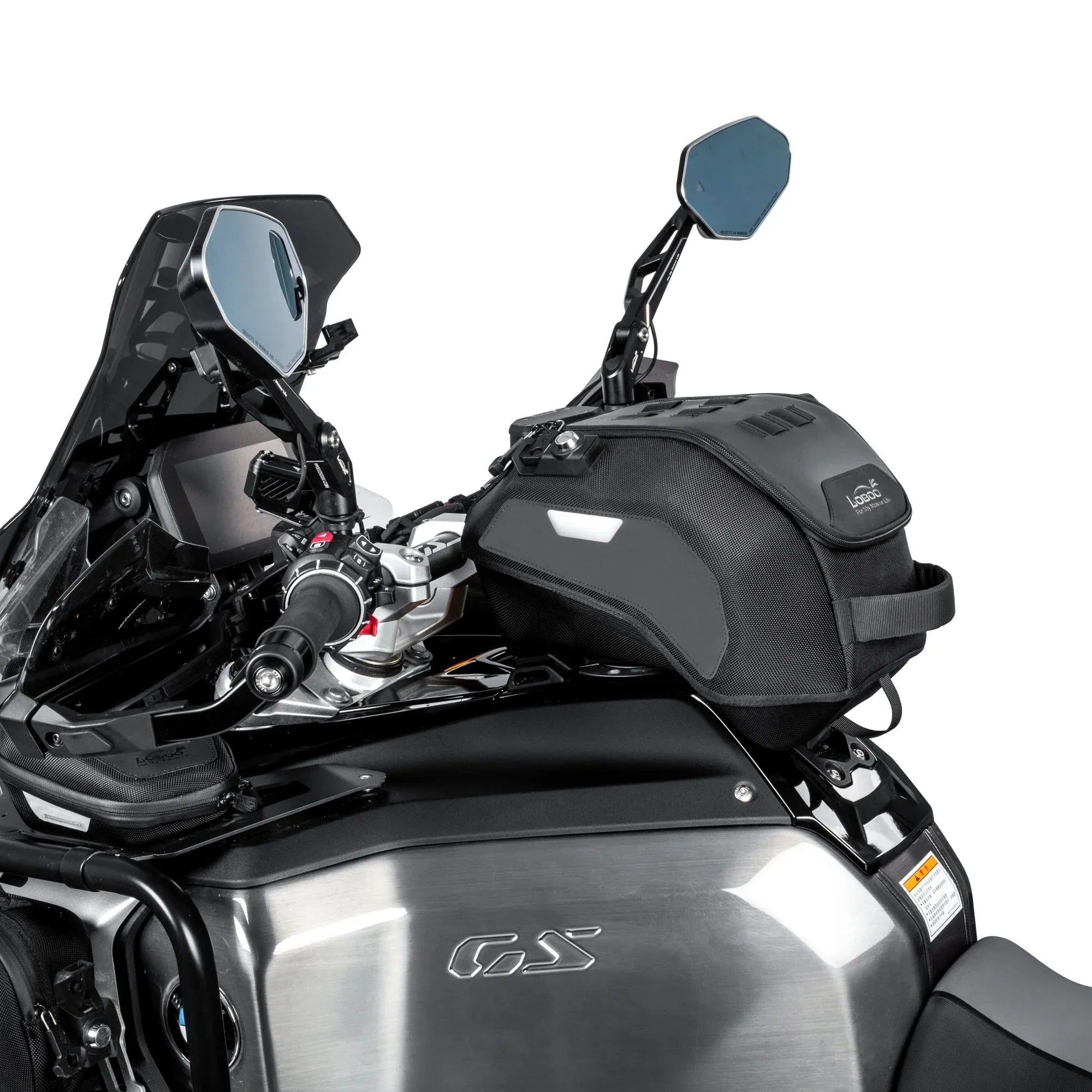 Borsa serbatoio LOBOO BTB13BK montata su BMW R1300GS Adventure, vista dal pilota
