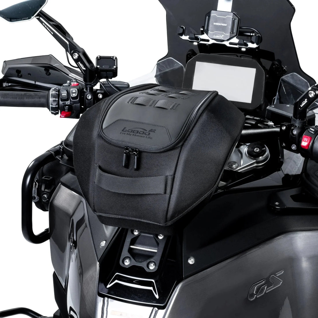 Borsa serbatoio LOBOO BTB20BK montata su BMW GS, vista dalla posizione di guida