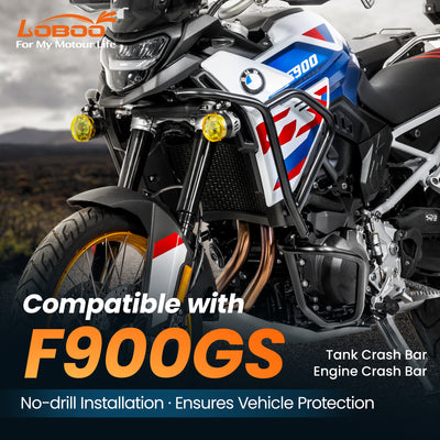 Crash bar LOBOO CHG025 per BMW F900GS: barra serbatoio e barra motore in versione nera