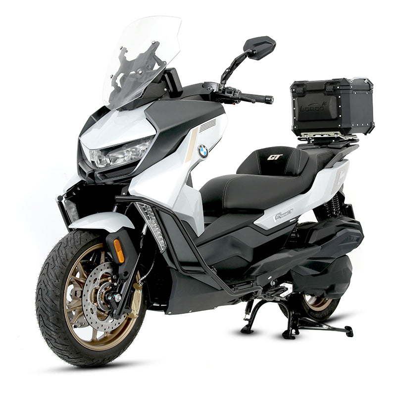 BMW C 400 GT con crash bar LOBOO CHG102 nero, vista tre quarti anteriore sinistra