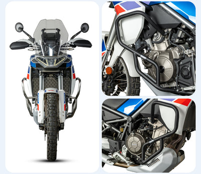 Viste frontale e ravvicinate del crash bar LOBOO CHG441 nero su Aprilia Tuareg 660