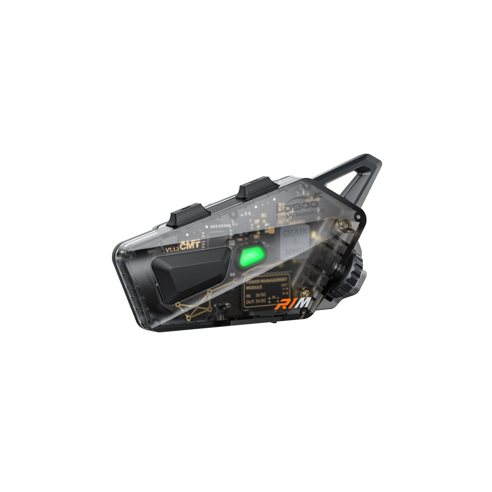 Interfono per casco R1M, vista frontale con indicatore luminoso