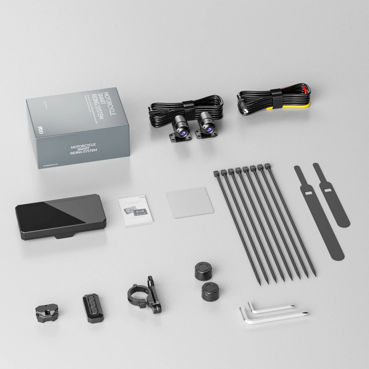 JADO S6 Kit completo: S6 + dashcam Sony + TMPS presión de neumáticos de moto, mando a distancia inalámbrico, soporte para manillar, manual de instrucciones, llaves hexagonales, bridas, bloqueador de cable, cables GPS y de alimentación, soporte para articulación del manillar.