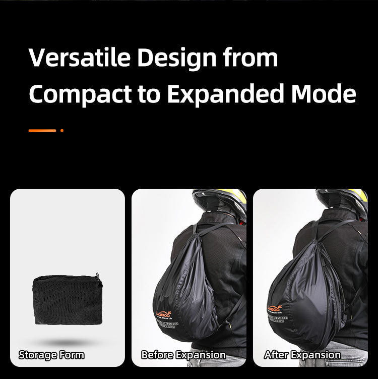 Tres configuraciones: funda plegada, mochila normal, mochila expandida