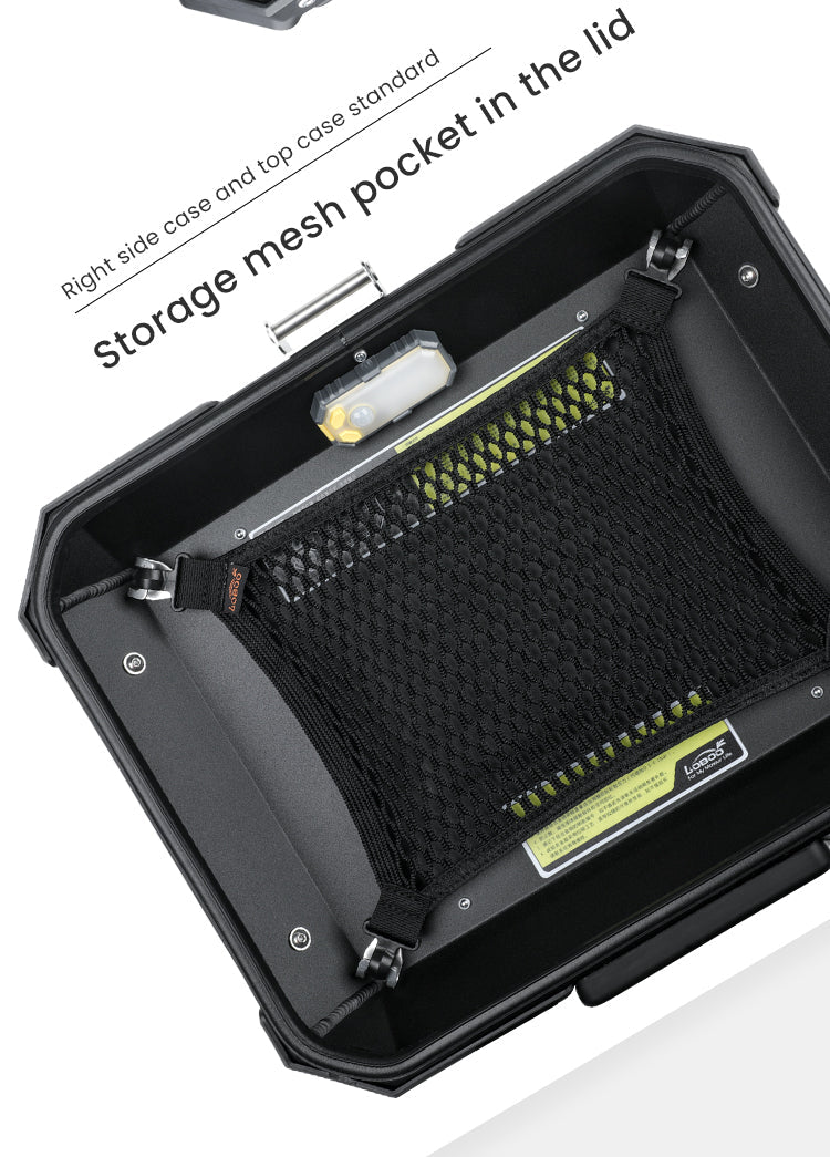 Rete elastica nel coperchio, di serie sul top case PIKE TRACKER