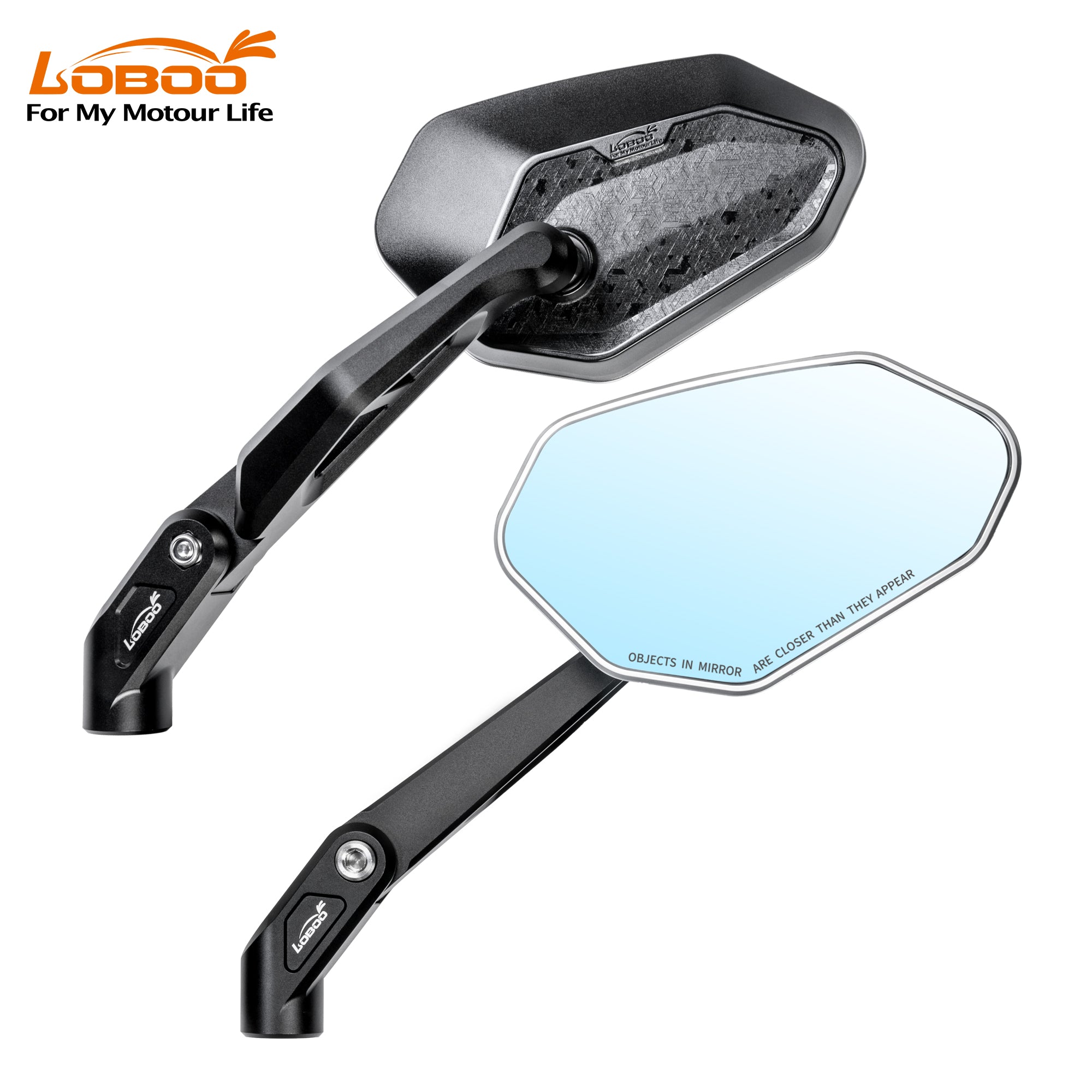 Specchietto LOBOO RM03-Lite di tre quarti, braccio in alluminio e scocca in PC+ABS, circa 395 g