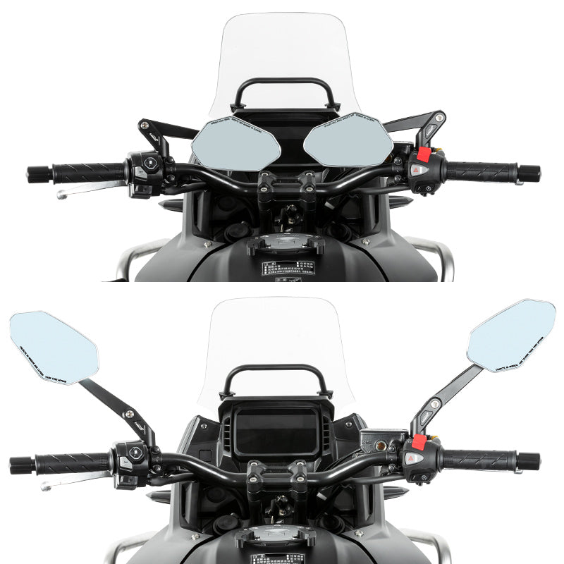 Moto vista di fronte con la coppia di specchietti LOBOO RM03 installata