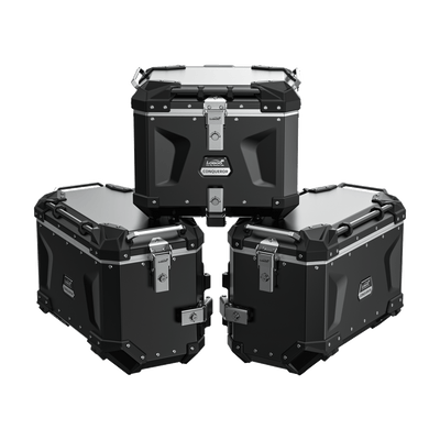 Set tre valigie LOBOO CONQUEROR in alluminio nero per BMW R 1300 GS: due laterali da 45 L e bauletto da 40 L