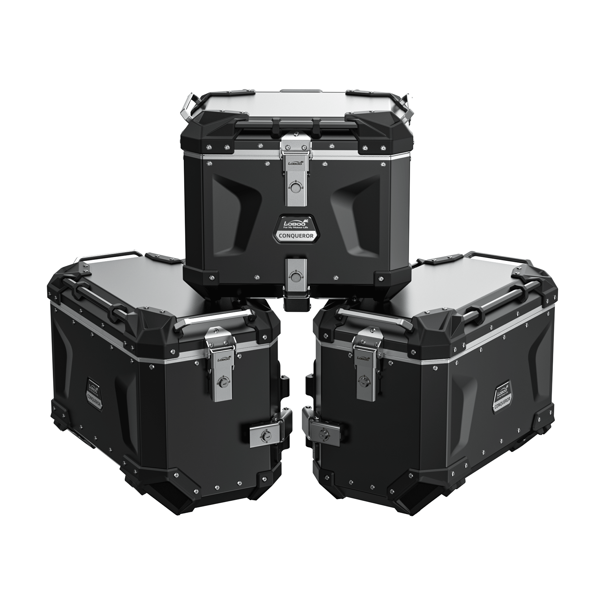 Set tre valigie LOBOO CONQUEROR in alluminio nero per BMW R 1300 GS Adventure: due laterali da 45 L e bauletto da 40 L