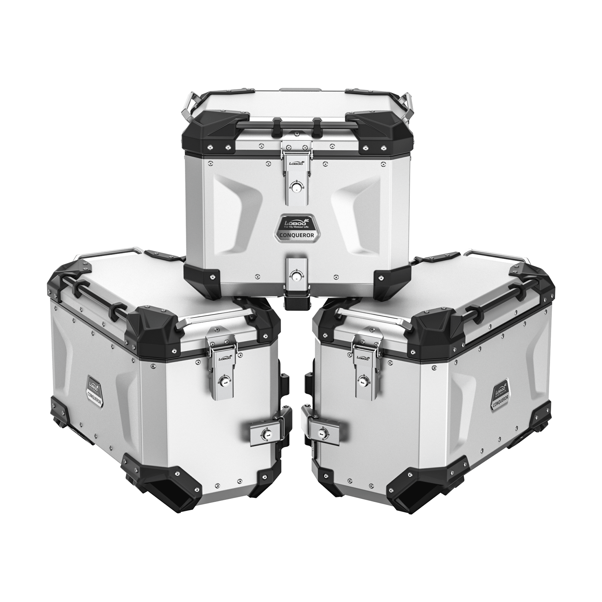 Set tre valigie LOBOO CONQUEROR in alluminio argento per BMW R 1300 GS Adventure: due laterali da 45 L e bauletto da 40 L