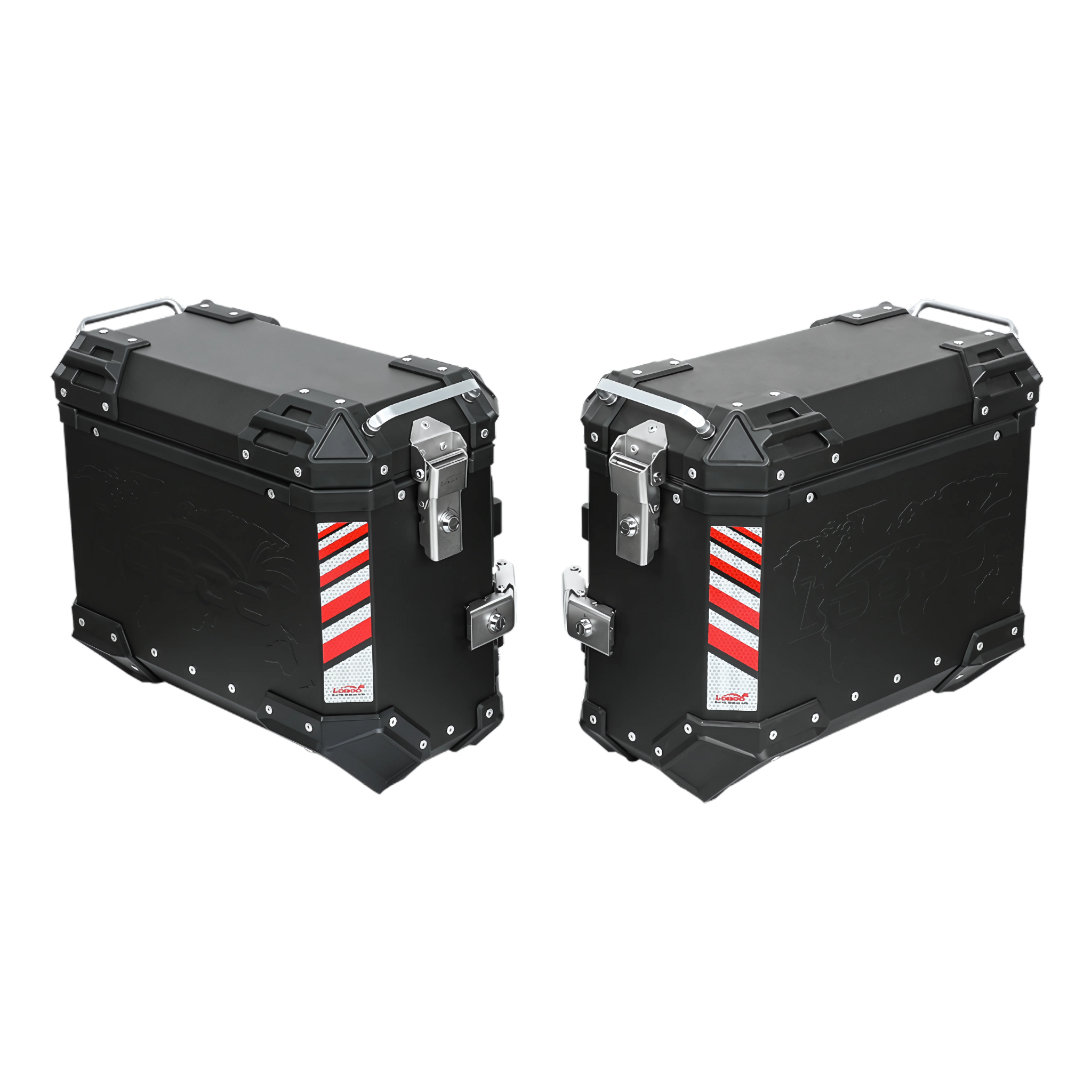 Coppia di valigie laterali LOBOO PIKE TRACKER nere da 37+37 litri, configurazione simmetrica